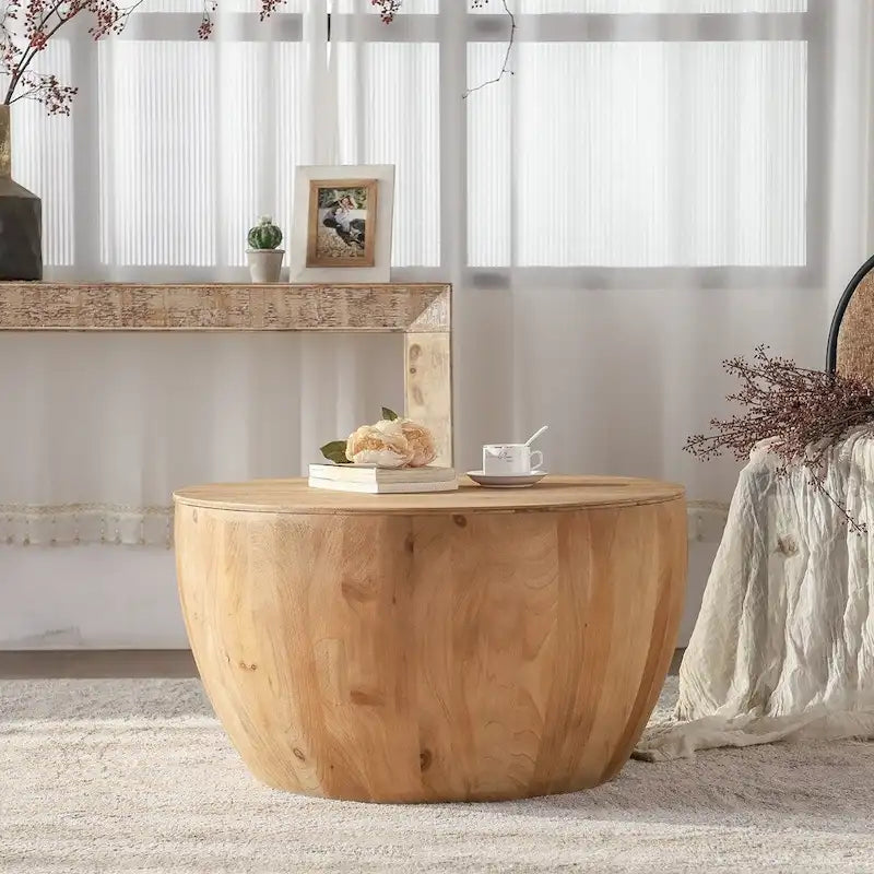 Tavolino da caffè in legno a forma di tamburo a secchiello in stile vintage