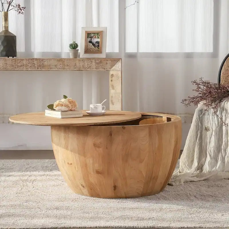 Tavolino da caffè in legno a forma di tamburo a secchiello in stile vintage