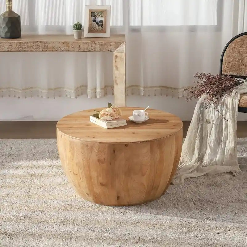 Tavolino da caffè in legno a forma di tamburo a secchiello in stile vintage