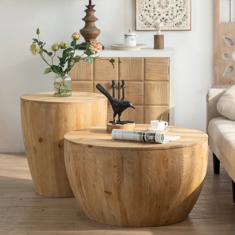 Tavolino da caffè in legno a forma di tamburo a secchiello in stile vintage