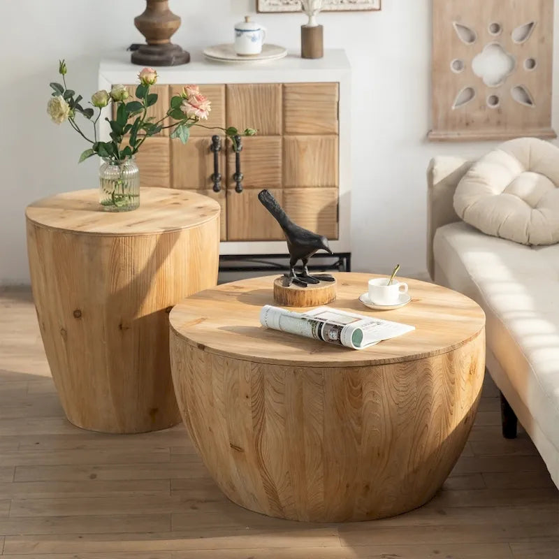 Tavolino da caffè in legno a forma di tamburo a secchiello in stile vintage
