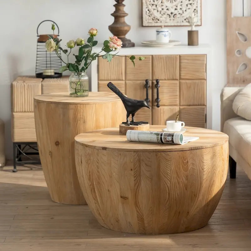 Tavolino da caffè in legno a forma di tamburo a secchiello in stile vintage