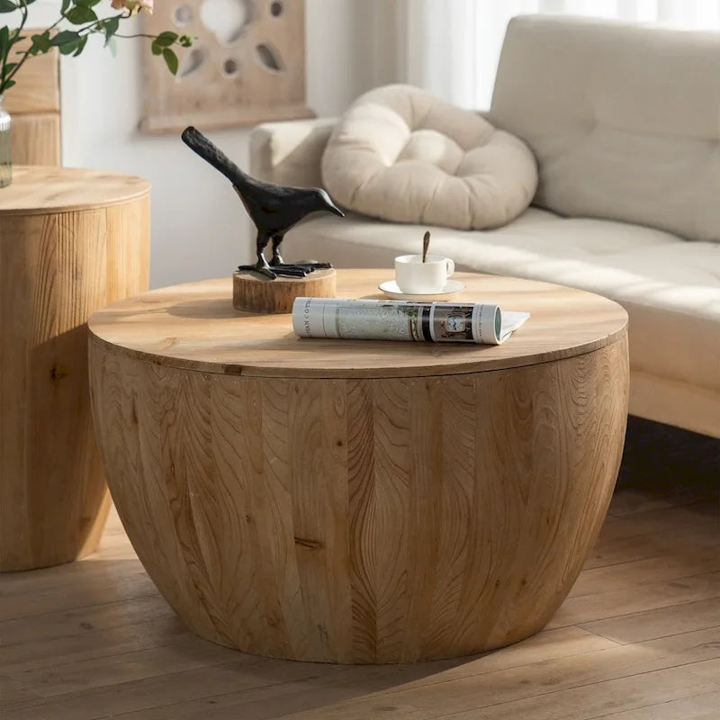 Tavolino da caffè in legno a forma di tamburo a secchiello in stile vintage