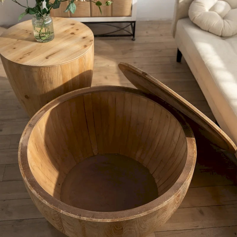 Tavolino da caffè in legno a forma di tamburo a secchiello in stile vintage