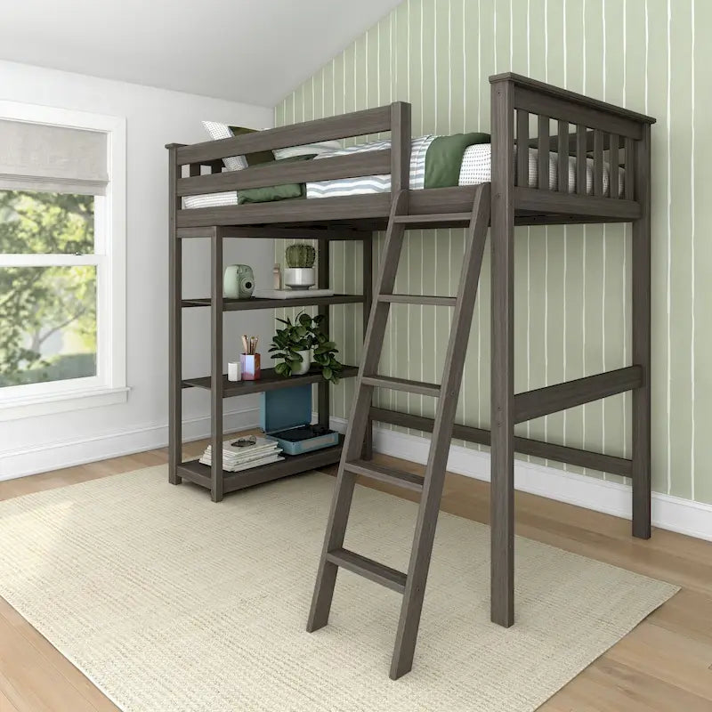 Letto a soppalco alto singolo con libreria a 3 ripiani - Legno massello