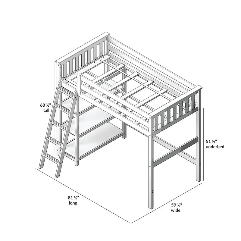 Letto a soppalco alto singolo con libreria a 3 ripiani - Legno massello