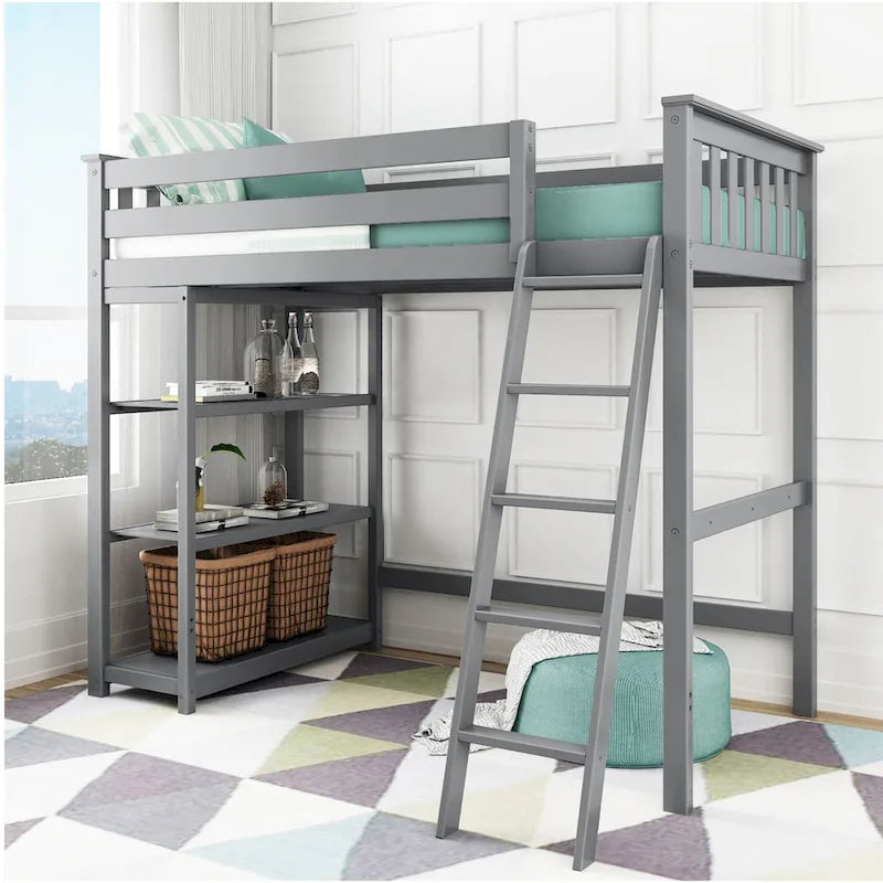 Letto a soppalco alto singolo con libreria a 3 ripiani - Legno massello