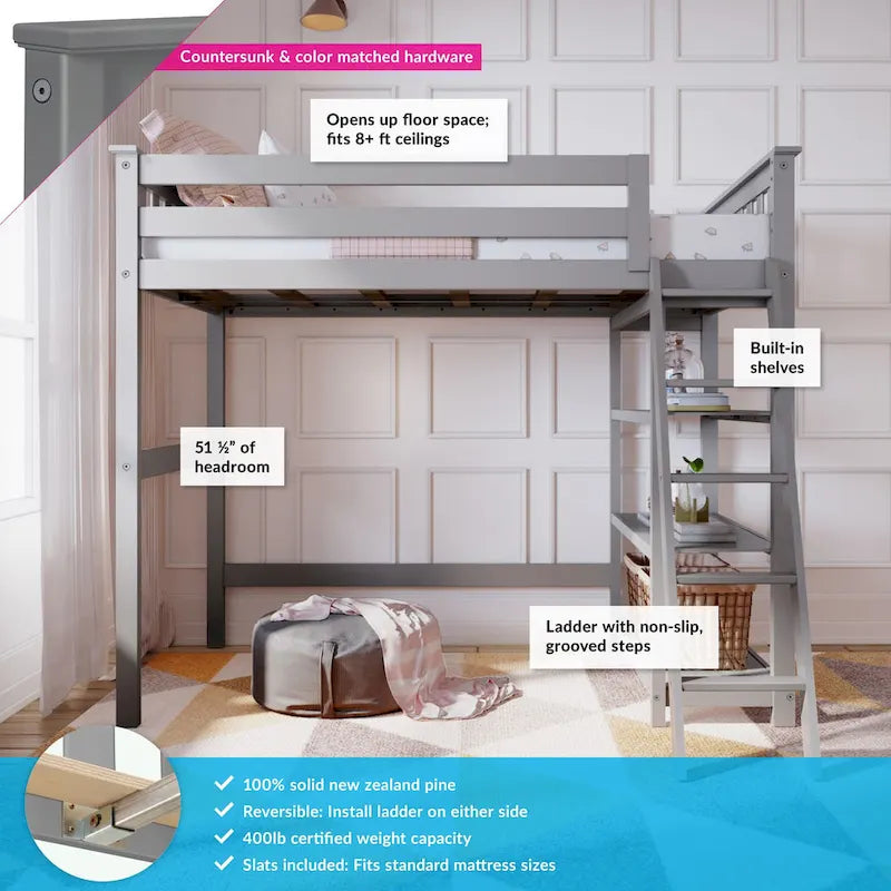 Letto a soppalco alto singolo con libreria a 3 ripiani - Legno massello