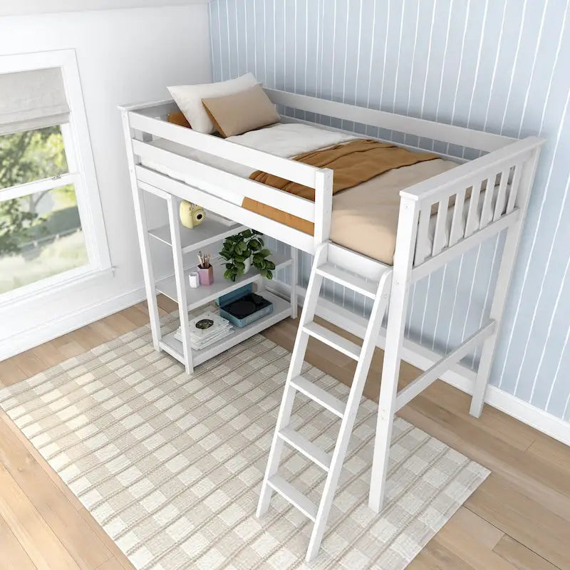 Letto a soppalco alto singolo con libreria a 3 ripiani - Legno massello