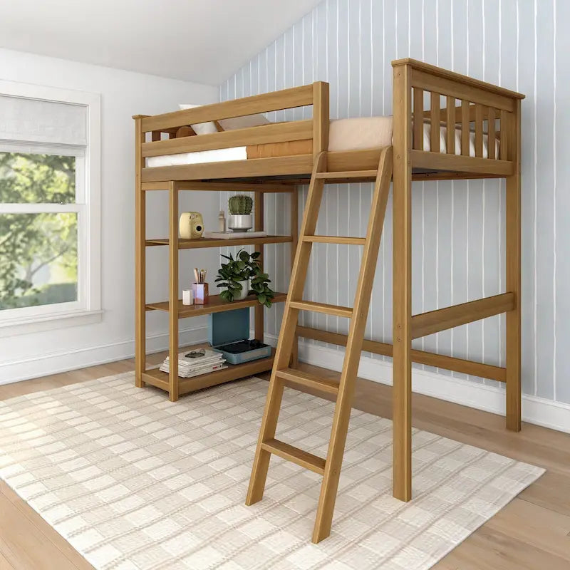Letto a soppalco alto singolo con libreria a 3 ripiani - Legno massello
