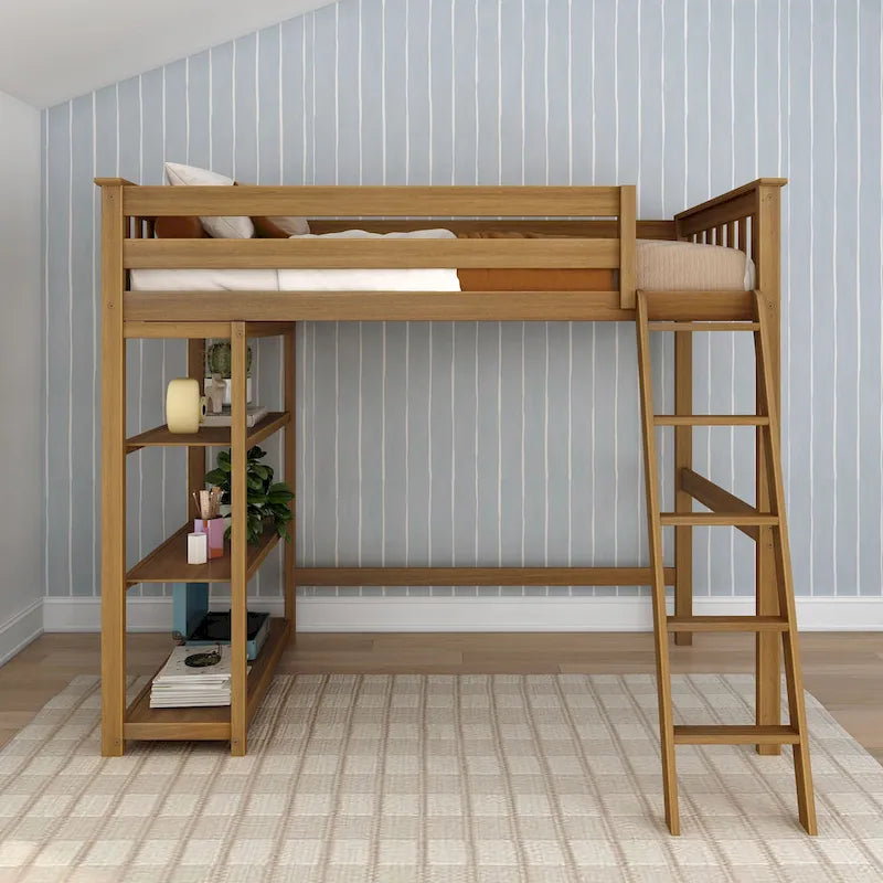 Letto a soppalco alto singolo con libreria a 3 ripiani - Legno massello