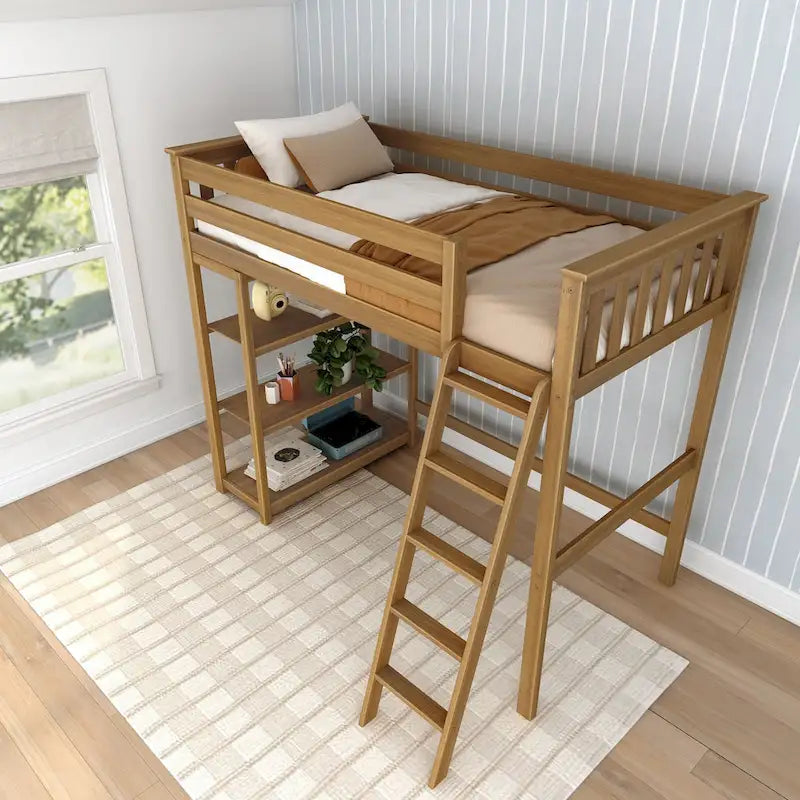 Letto a soppalco alto singolo con libreria a 3 ripiani - Legno massello