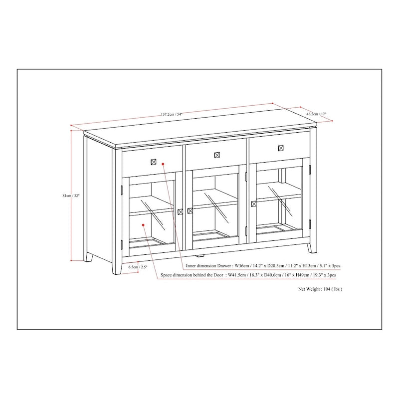Credenza a buffet moderna in legno massello, larga 54 pollici, in mogano