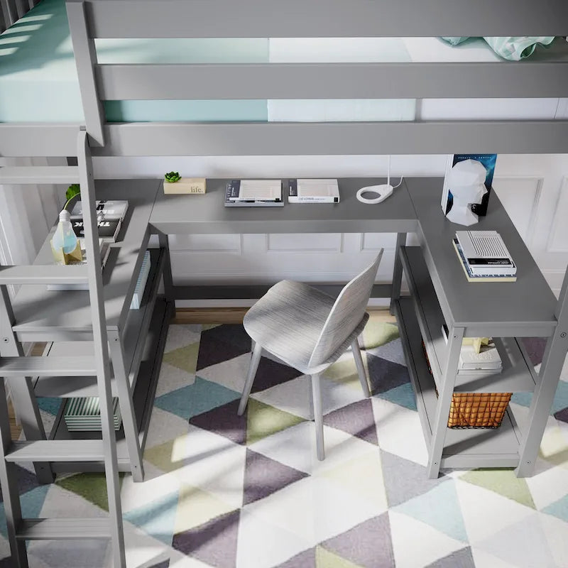 Max and Lily Twin Size High Loft Bed with Wraparound Desk and Shelves