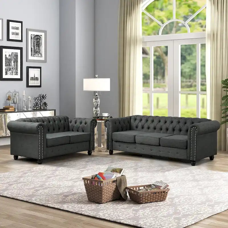 Set divano a due posti e divano Chesterfield capitonné (2 pezzi) - Tessuto in lino