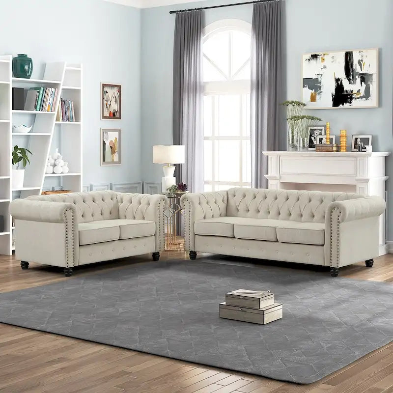 Set divano a due posti e divano Chesterfield capitonné (2 pezzi) - Tessuto in lino