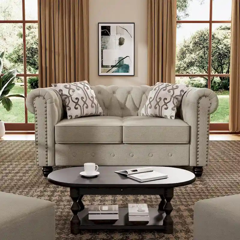 Set divano a due posti e divano Chesterfield capitonné (2 pezzi) - Tessuto in lino