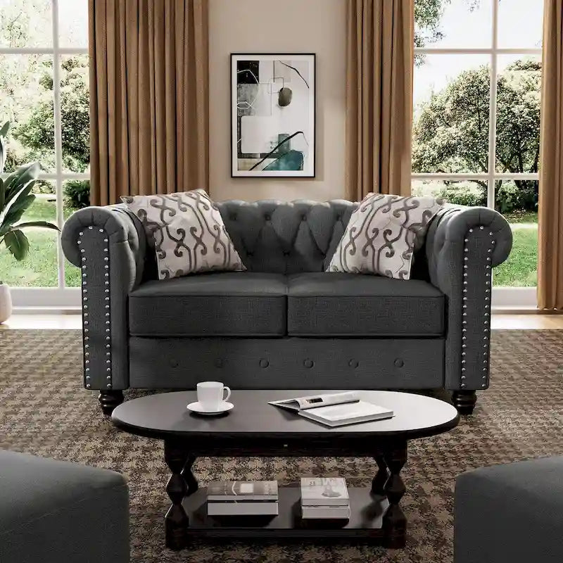 Set divano a due posti e divano Chesterfield capitonné (2 pezzi) - Tessuto in lino