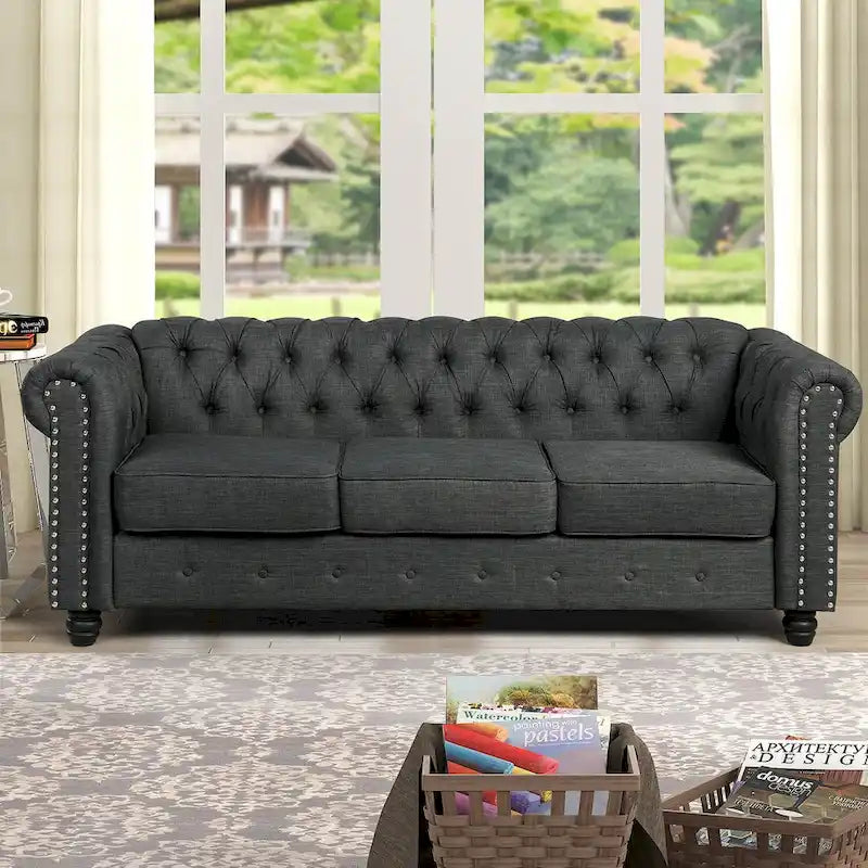 Set divano a due posti e divano Chesterfield capitonné (2 pezzi) - Tessuto in lino