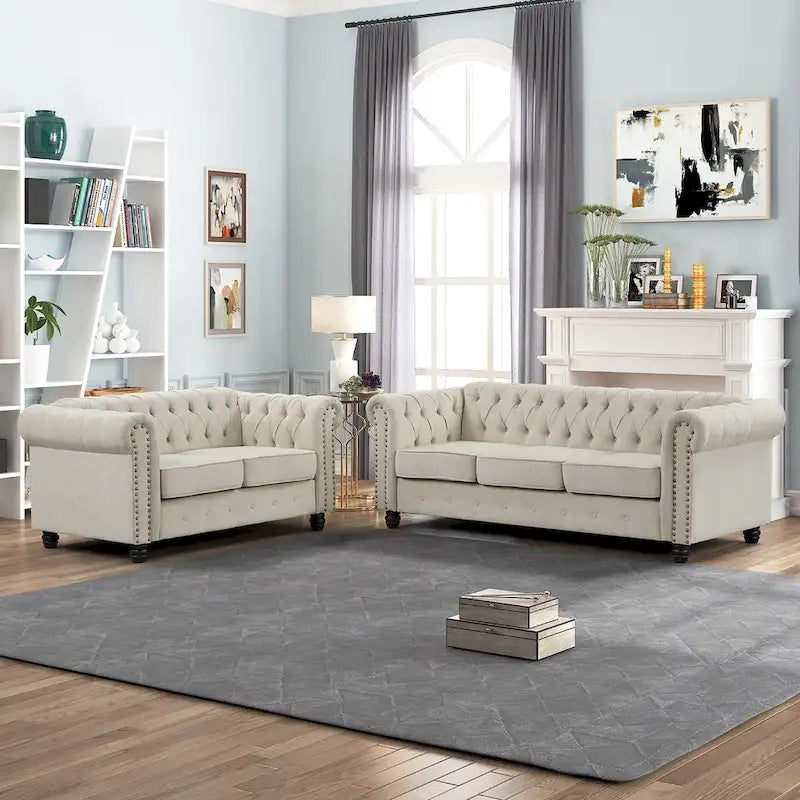 Set divano a due posti e divano Chesterfield capitonné (2 pezzi) - Tessuto in lino