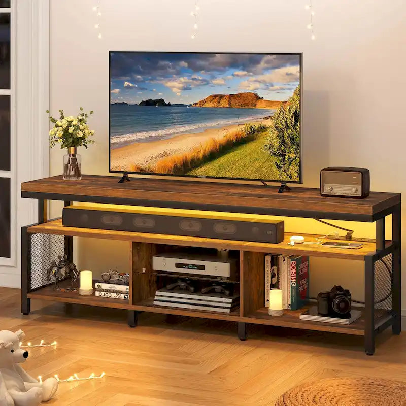 Mobile TV industriale in legno con luce a LED con ripiani aperti Prese di corrente Telecomando Bluetooth