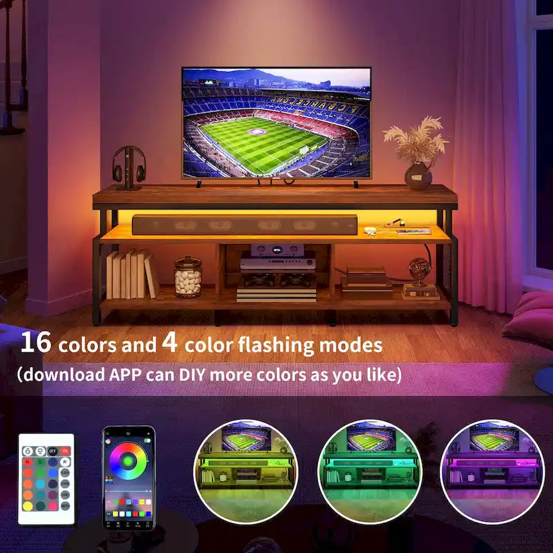 Mobile TV industriale in legno con luce a LED con ripiani aperti Prese di corrente Telecomando Bluetooth
