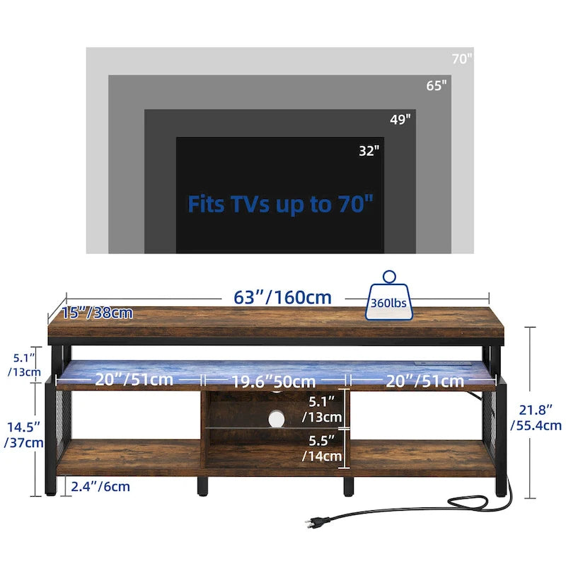 Mobile TV industriale in legno con luce a LED con ripiani aperti Prese di corrente Telecomando Bluetooth