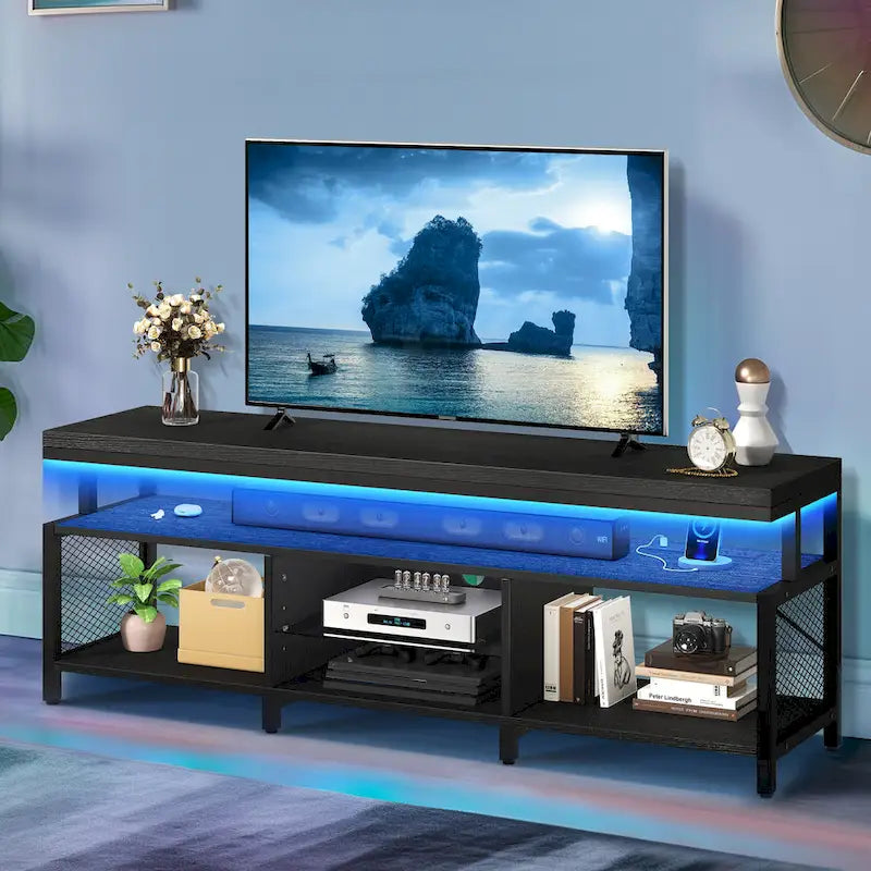Mobile TV industriale in legno con luce a LED con ripiani aperti Prese di corrente Telecomando Bluetooth