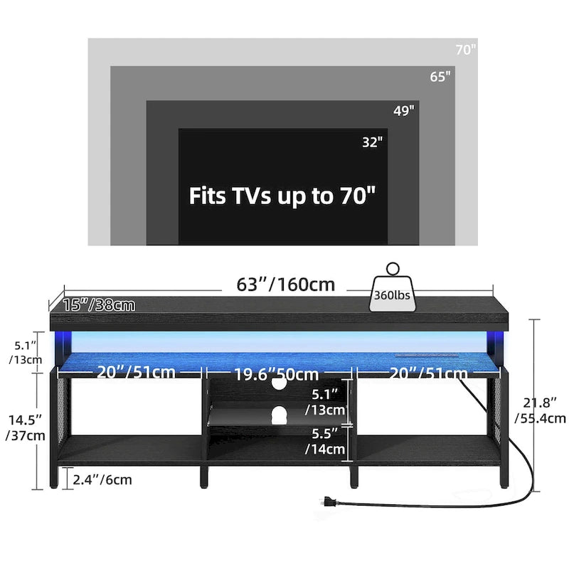 Mobile TV industriale in legno con luce a LED con ripiani aperti Prese di corrente Telecomando Bluetooth