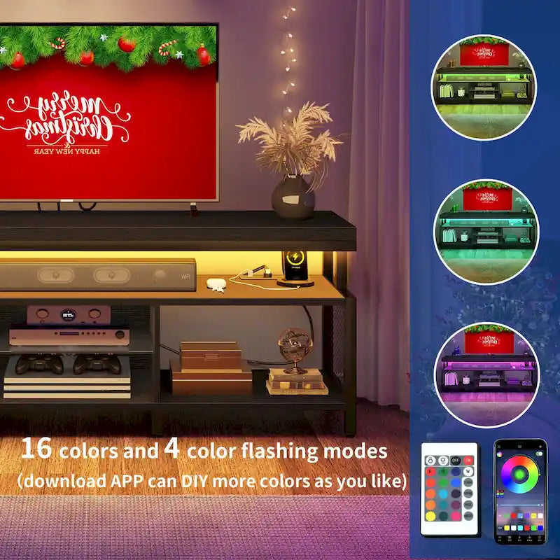 Mobile TV industriale in legno con luce a LED con ripiani aperti Prese di corrente Telecomando Bluetooth