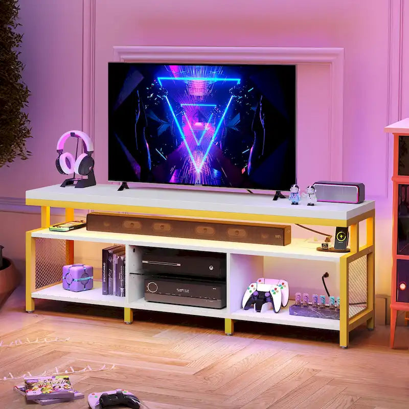 Mobile TV industriale in legno con luce a LED con ripiani aperti Prese di corrente Telecomando Bluetooth
