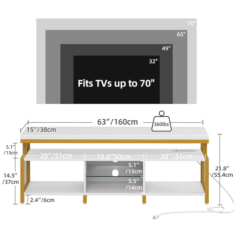 Mobile TV industriale in legno con luce a LED con ripiani aperti Prese di corrente Telecomando Bluetooth