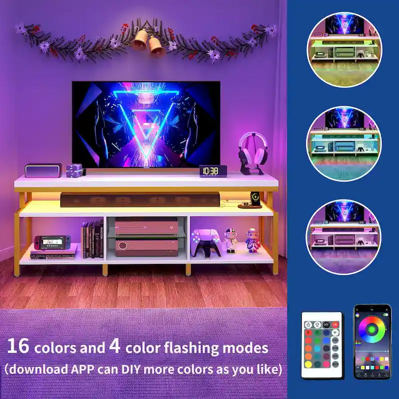 Mobile TV industriale in legno con luce a LED con ripiani aperti Prese di corrente Telecomando Bluetooth