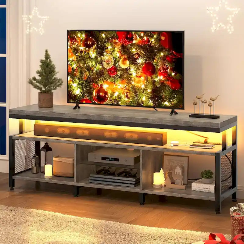 Mobile TV industriale in legno con luce a LED con ripiani aperti Prese di corrente Telecomando Bluetooth