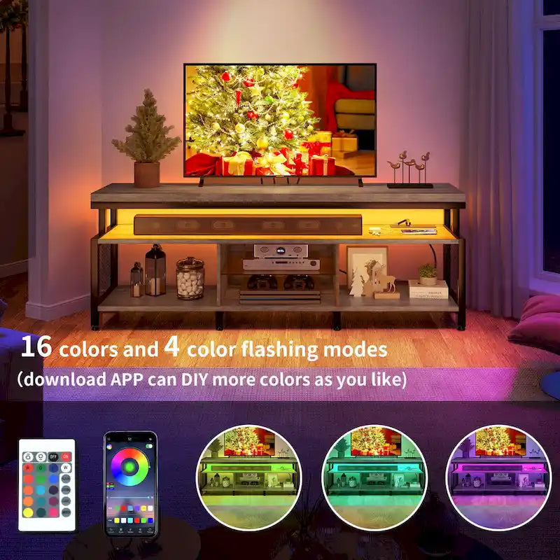 Mobile TV industriale in legno con luce a LED con ripiani aperti Prese di corrente Telecomando Bluetooth