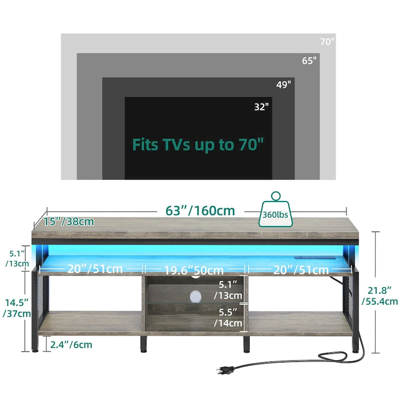 Mobile TV industriale in legno con luce a LED con ripiani aperti Prese di corrente Telecomando Bluetooth
