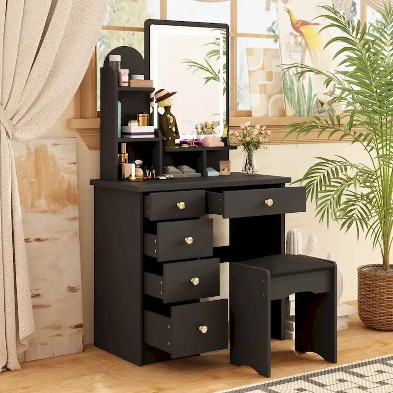 Set da trucco con specchio e lampada, toletta per il trucco con sgabello