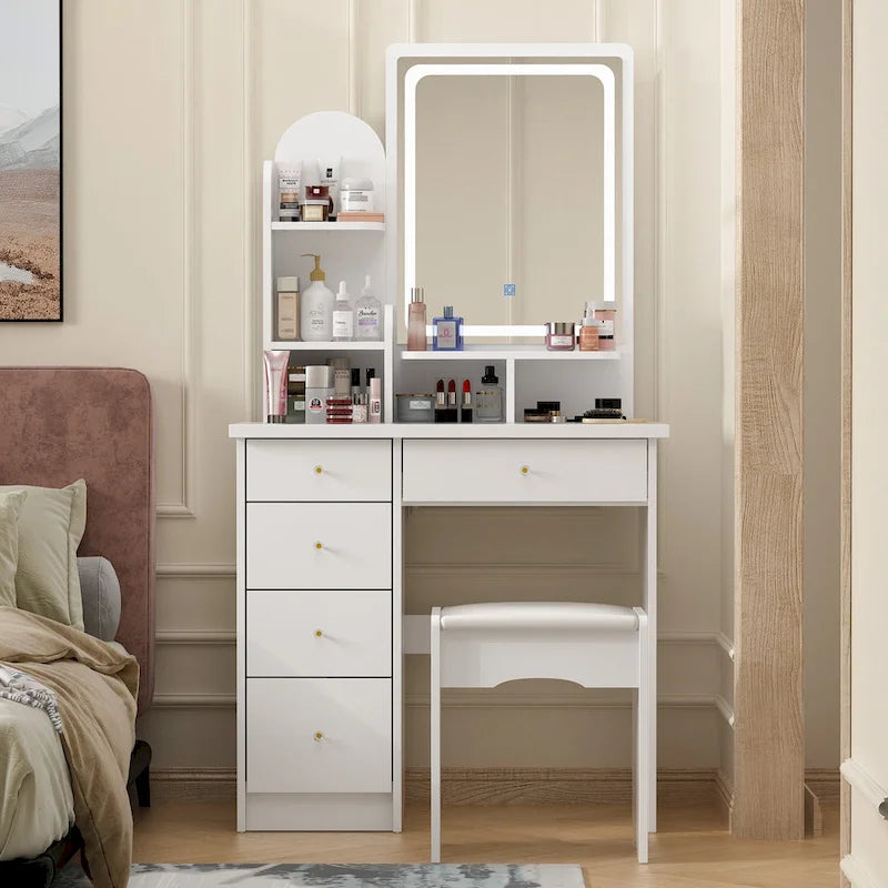 Set da trucco con specchio e lampada, toletta per il trucco con sgabello