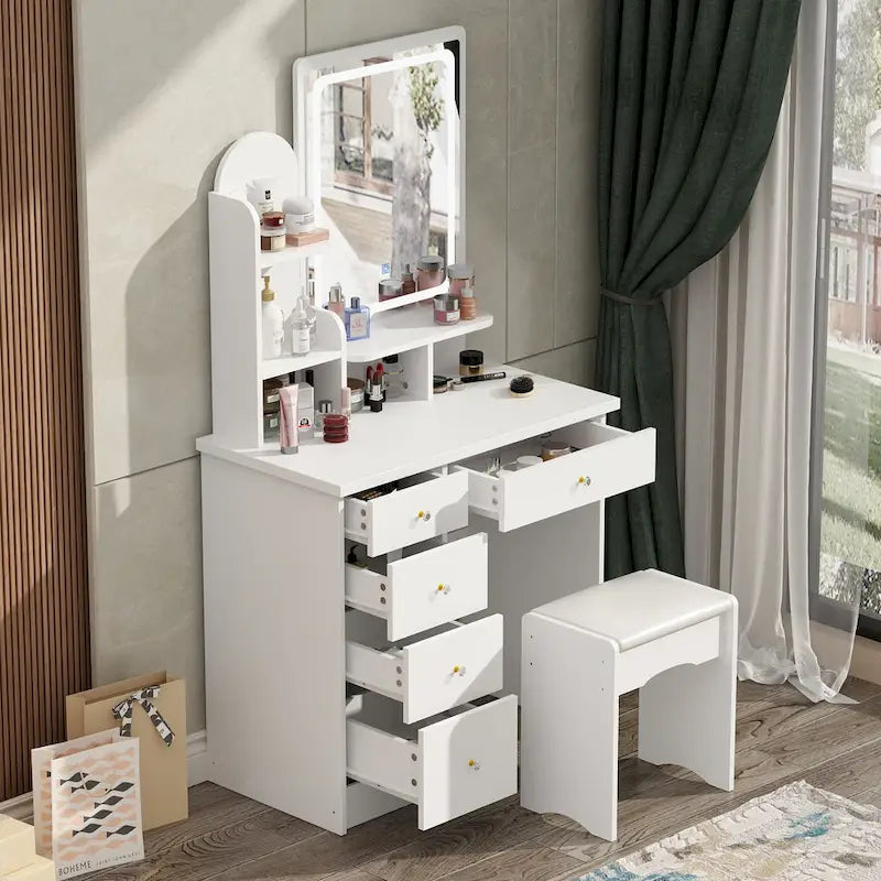 Set da trucco con specchio e lampada, toletta per il trucco con sgabello
