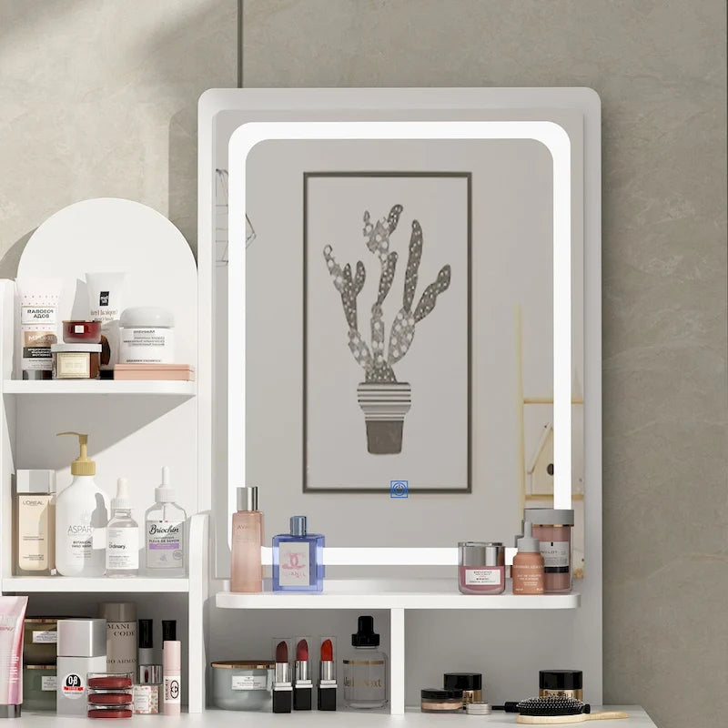 Set da trucco con specchio e lampada, toletta per il trucco con sgabello