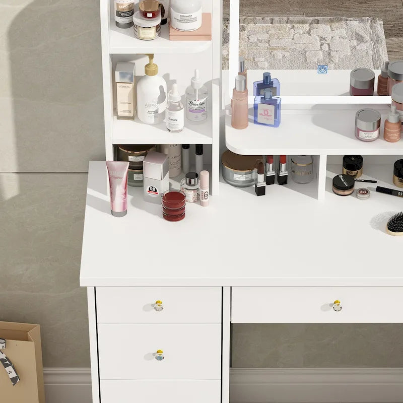 Set da trucco con specchio e lampada, toletta per il trucco con sgabello