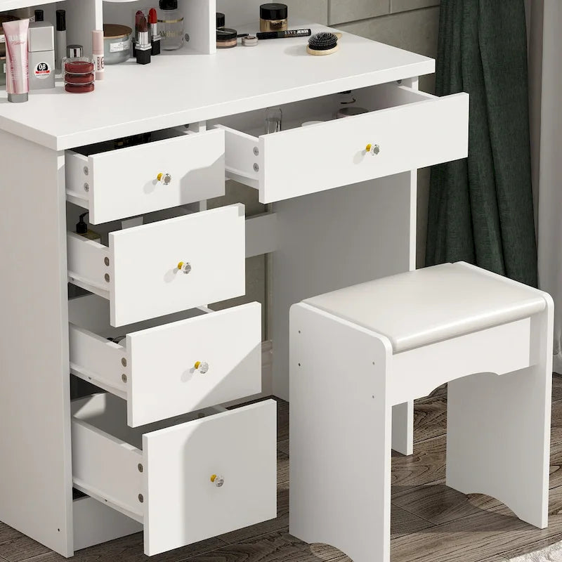 Set da trucco con specchio e lampada, toletta per il trucco con sgabello