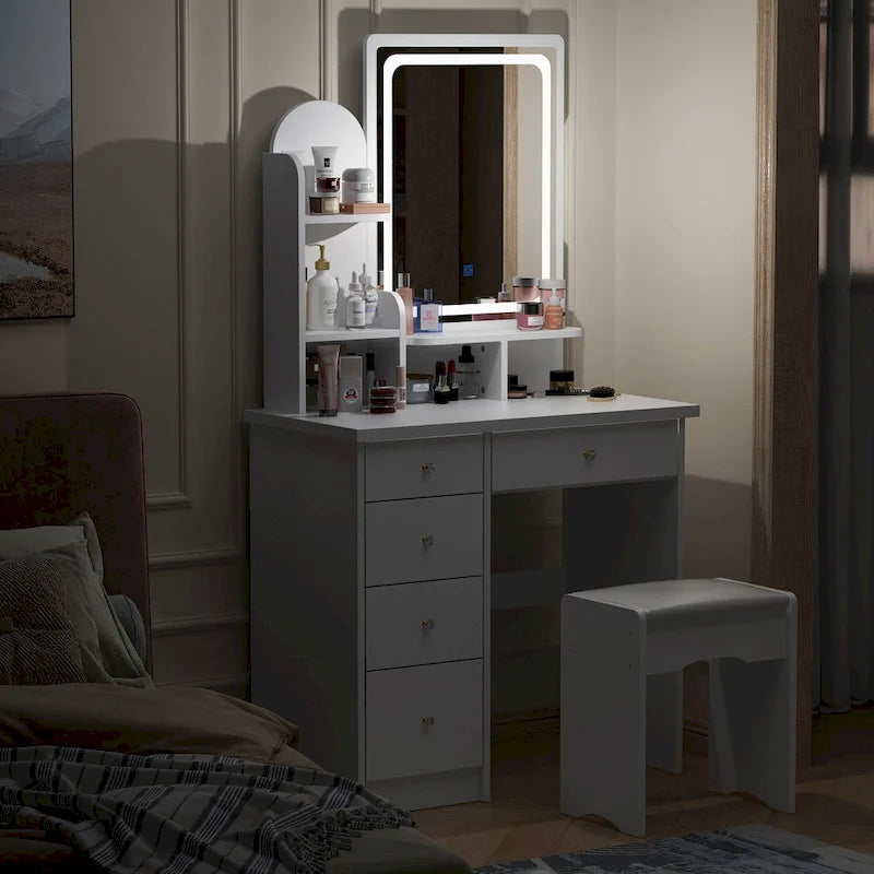 Set da trucco con specchio e lampada, toletta per il trucco con sgabello