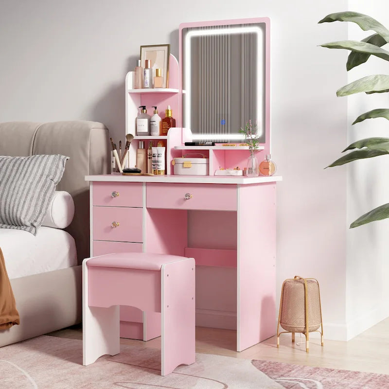 Set da trucco con specchio e lampada, toletta per il trucco con sgabello