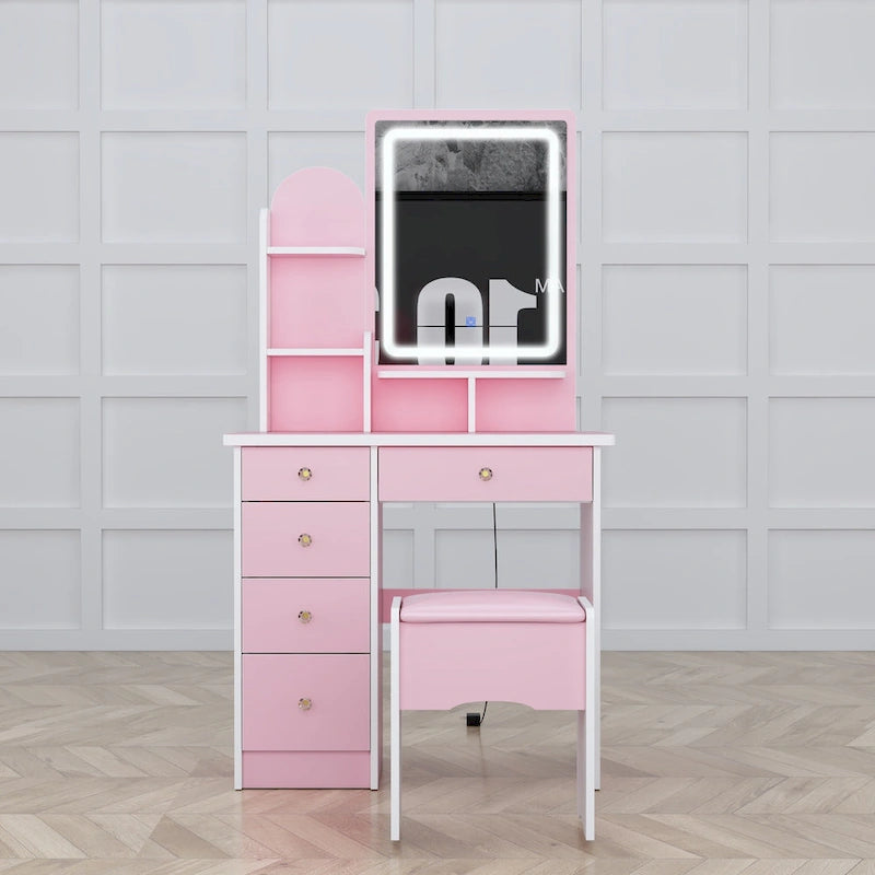 Set da trucco con specchio e lampada, toletta per il trucco con sgabello