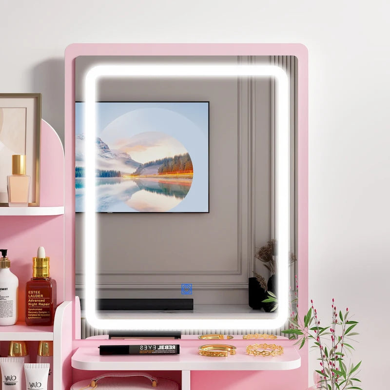Set da trucco con specchio e lampada, toletta per il trucco con sgabello