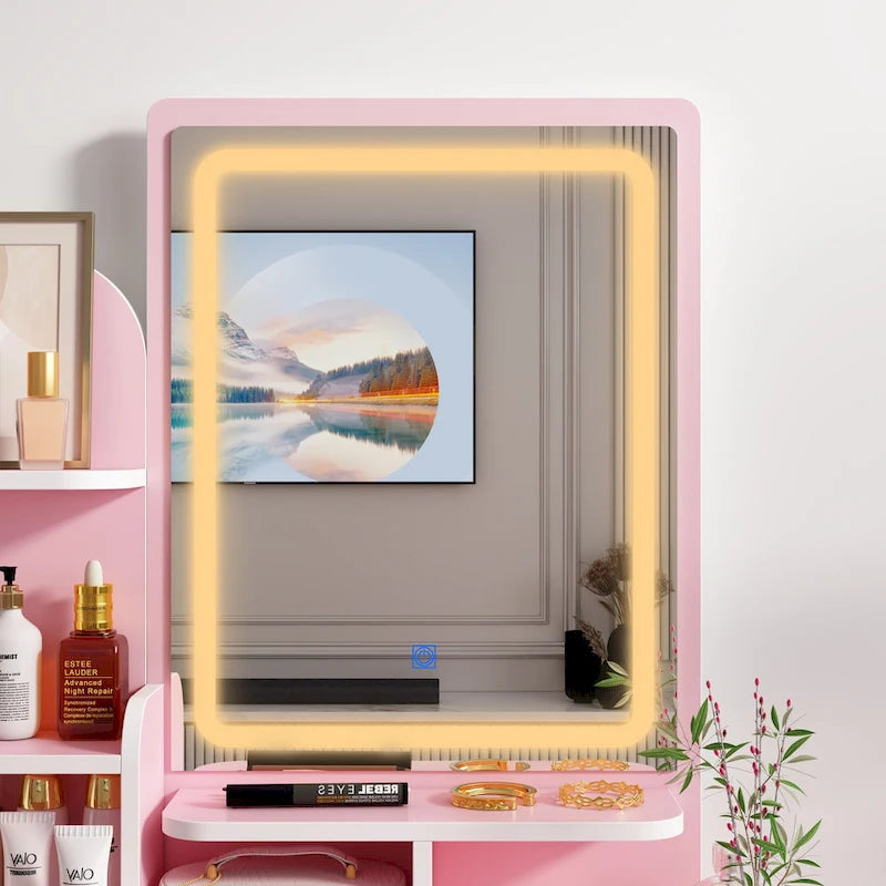 Set da trucco con specchio e lampada, toletta per il trucco con sgabello