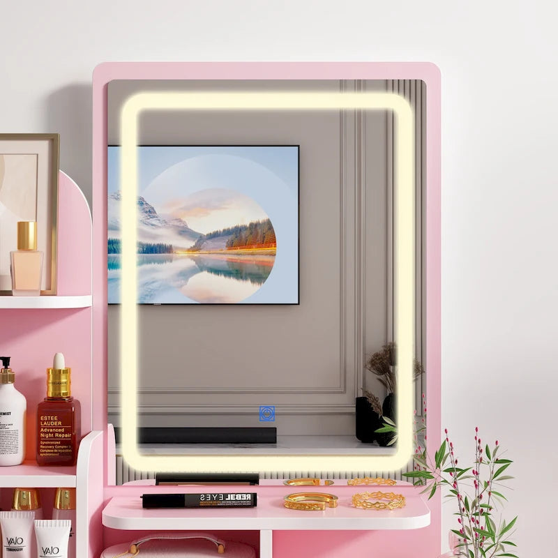 Set da trucco con specchio e lampada, toletta per il trucco con sgabello
