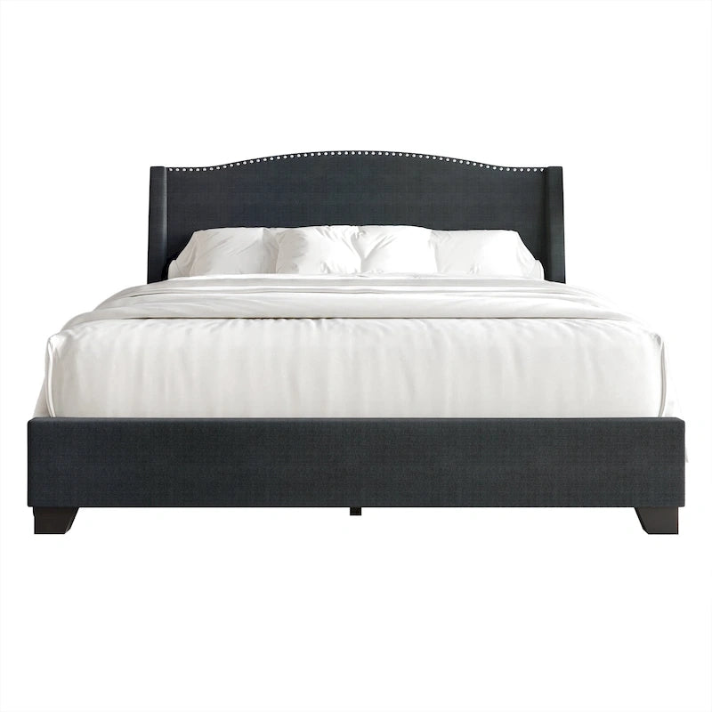 Letto imbottito Wingback con borchie cromate e cassetti contenitore