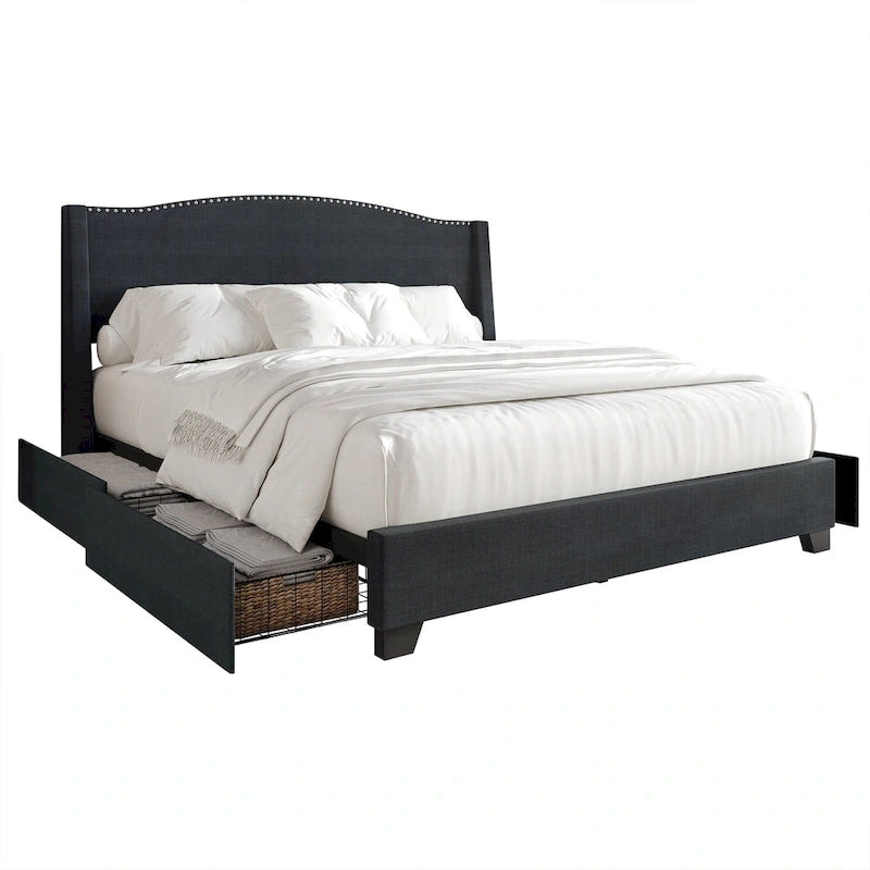 Letto imbottito Wingback con borchie cromate e cassetti contenitore